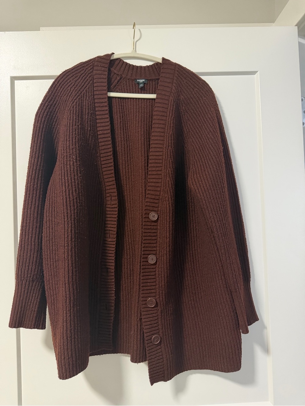 Express Chunky Ribbed Button-Front Cardigan - Brown